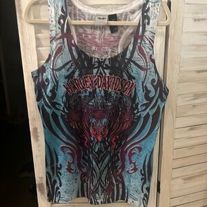 Harley-Davidson Women's Blue and Red Graphic Tank Top